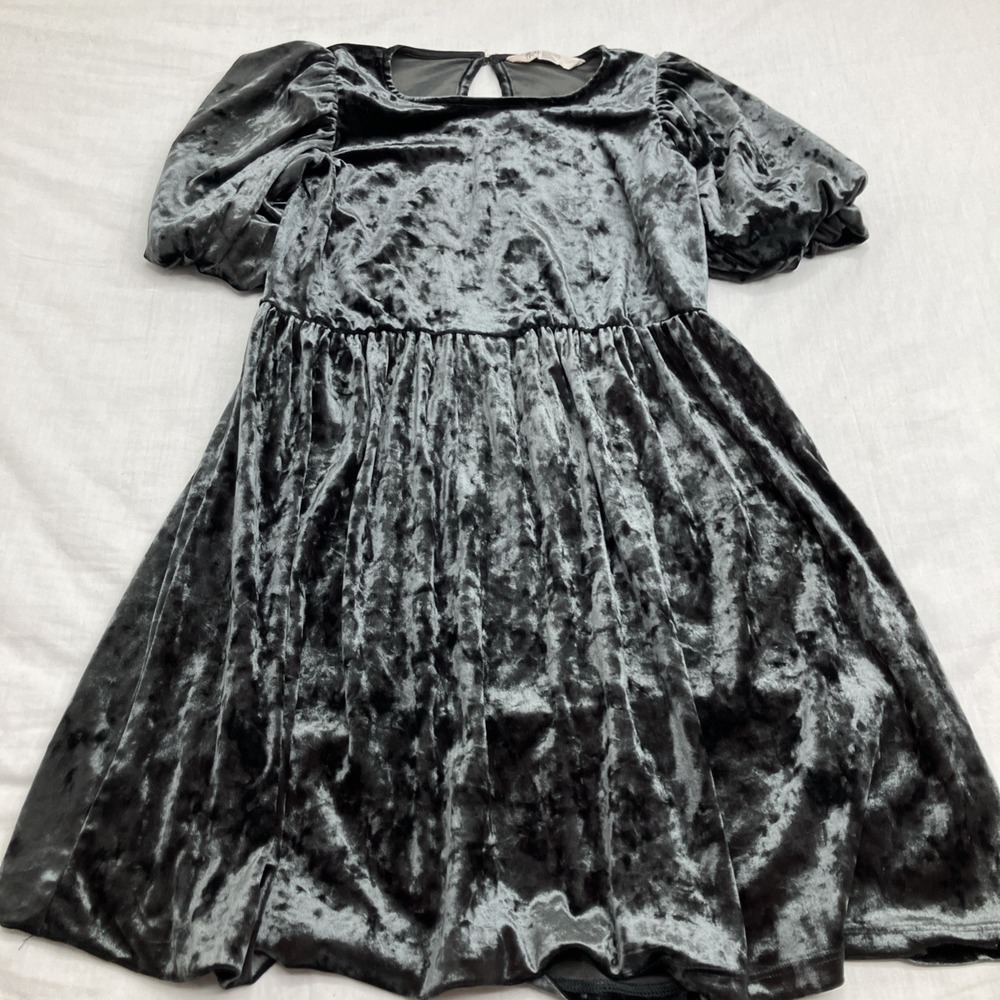 H&M Girls Velvet Dress Navy Blue Size 8/10 Puff Sleeve